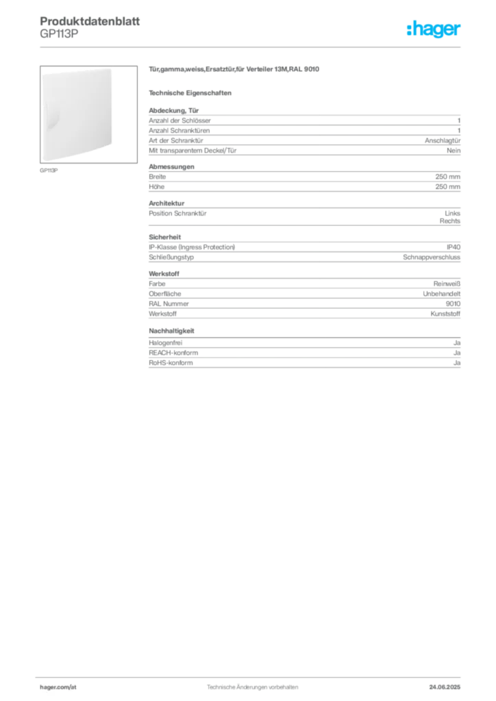 Bild Hager Produktdatenblatt GP113P | Hager Deutschland
