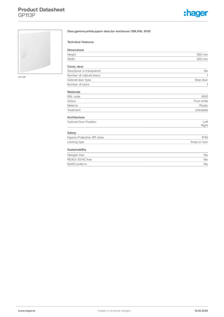 Image Hager Product data sheet GP113P  | Hager