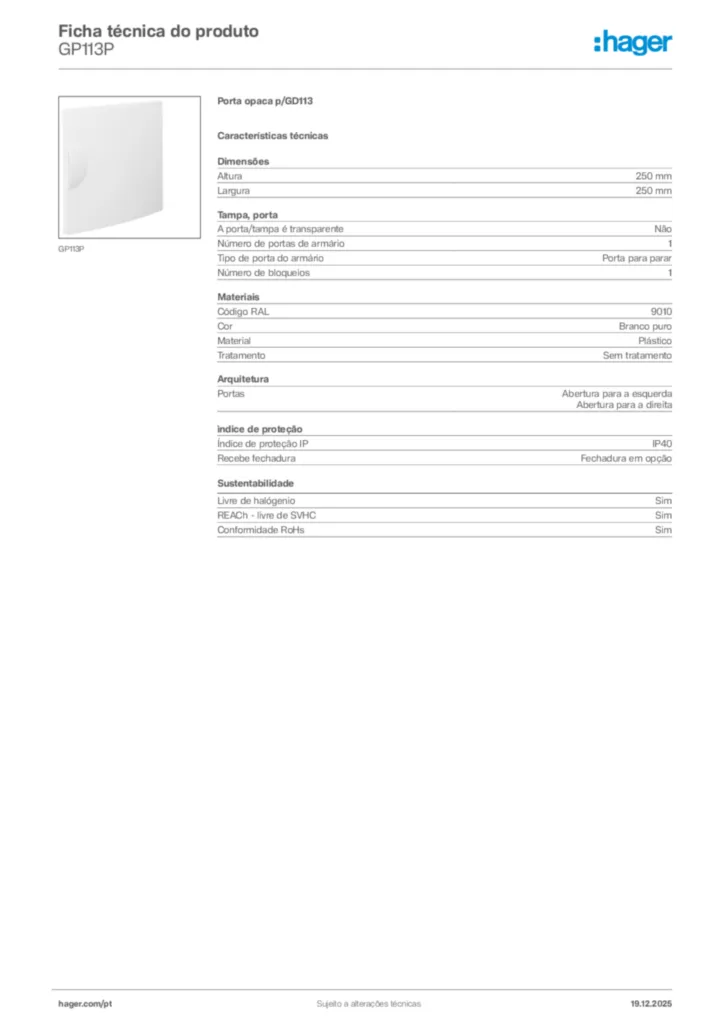 Imagem Hager Ficha técnica do produto GP113P | Hager Portugal