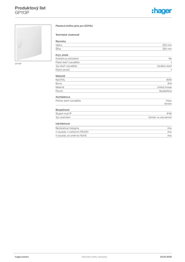 Obrázek Hager Product data sheet GP113P | Hager