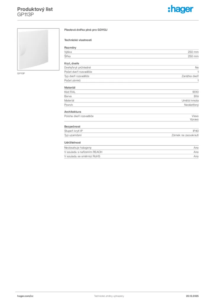 Obrázek Hager Produktový list GP113P | Hager