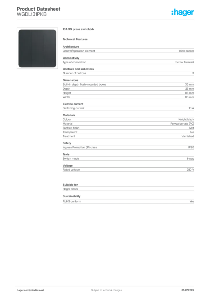 Image Hager Product data sheet WGDL131PKB  | Hager