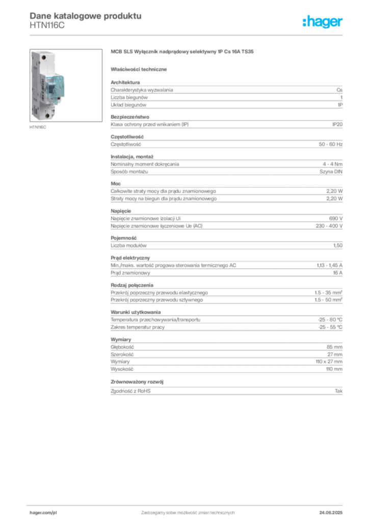 Zdjęcie Hager Karta katalogowa HTN116C | Hager Polska