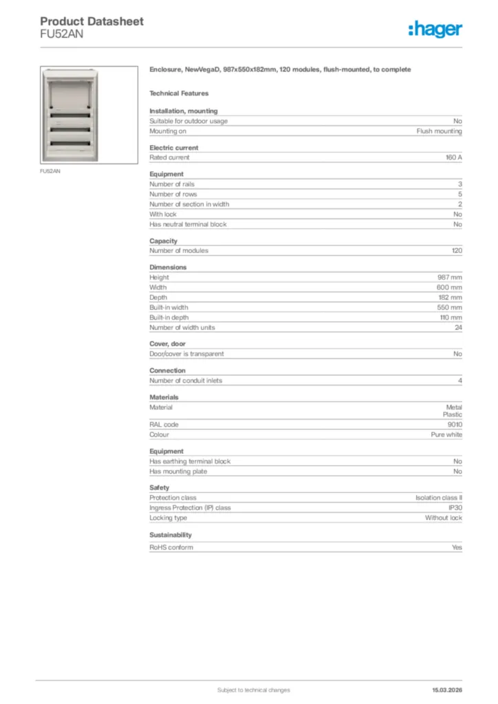 Image Hager Product data sheet FU52AN  | Hager Africa