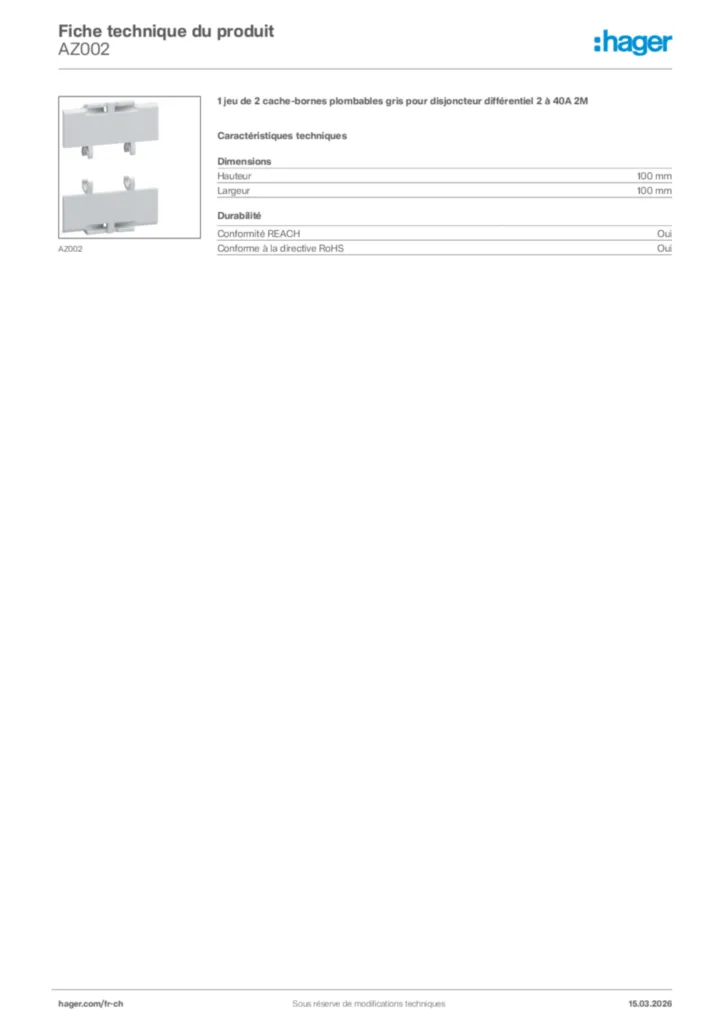 Image Hager Fiche technique du produit AZ002 | Hager Suisse