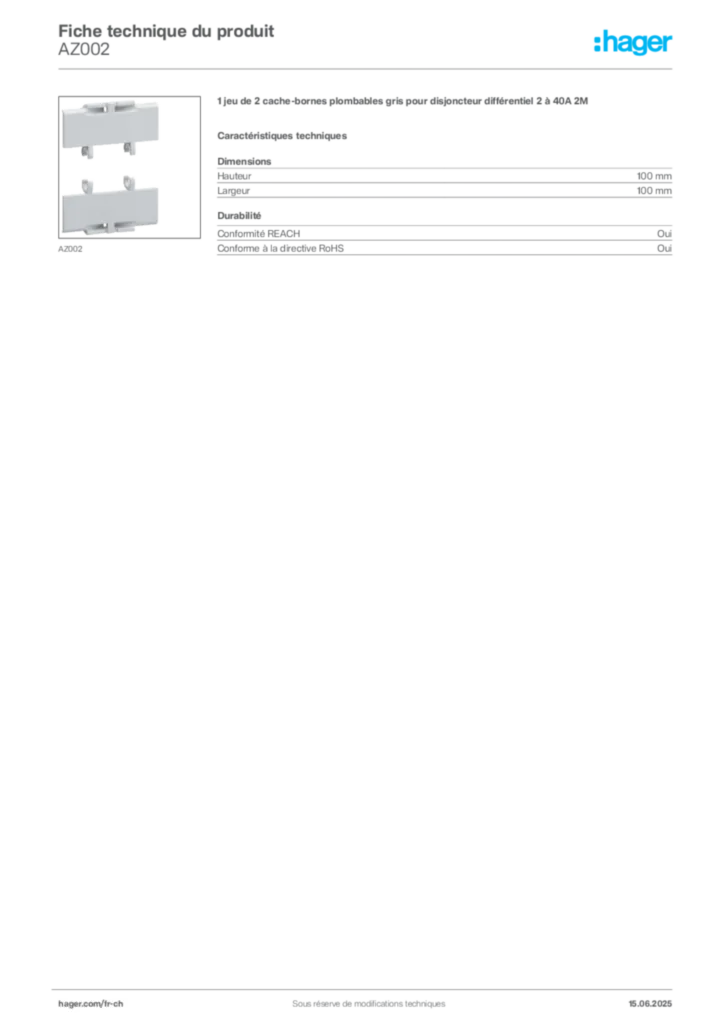 Image Hager Fiche technique du produit AZ002 | Hager Suisse