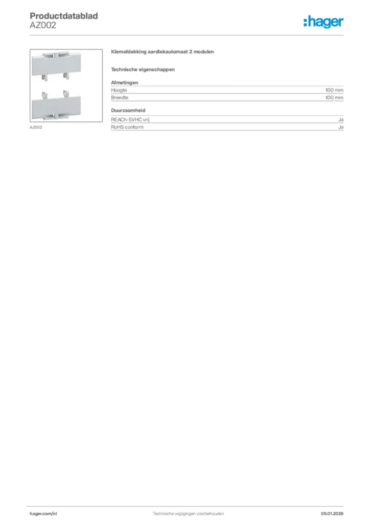 Afbeelding Hager Productdatablad AZ002 | Hager Nederland