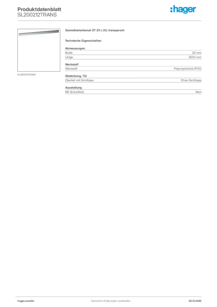Bild Hager Produktdatenblatt SL200212TRANS | Hager Deutschland