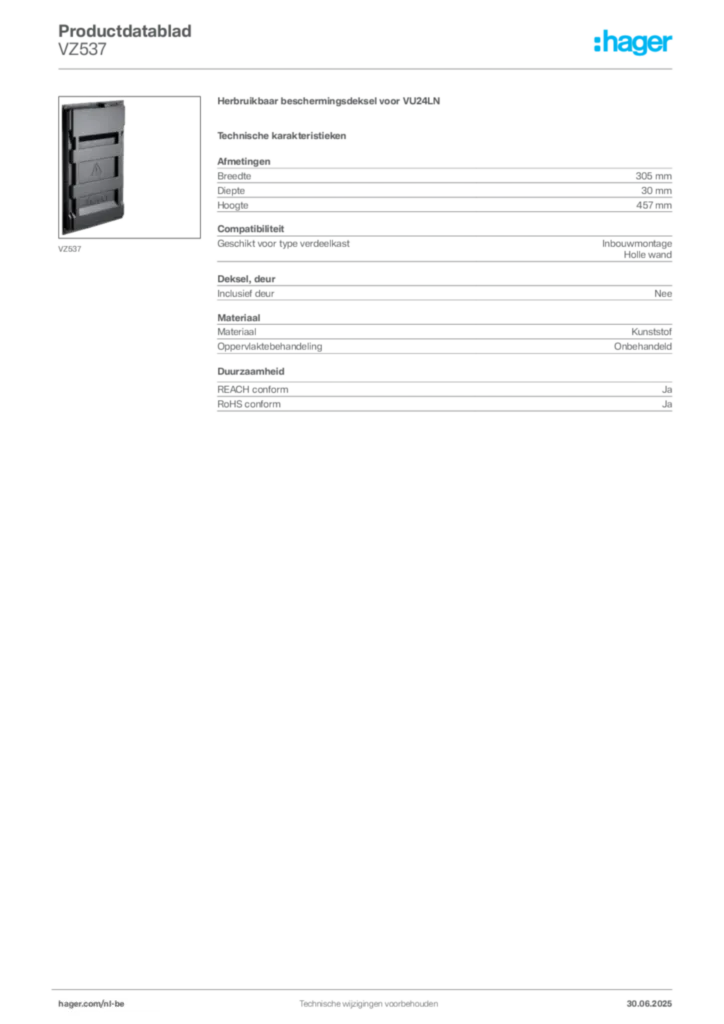 Afbeelding Hager Productdatablad VZ537 | Hager Belgium