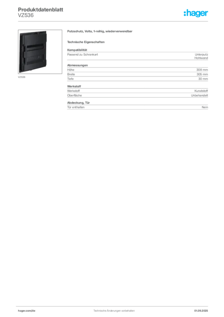 Hager Produktdatenblatt VZ536