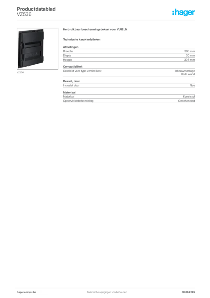 Afbeelding Hager Productdatablad VZ536 | Hager Belgium