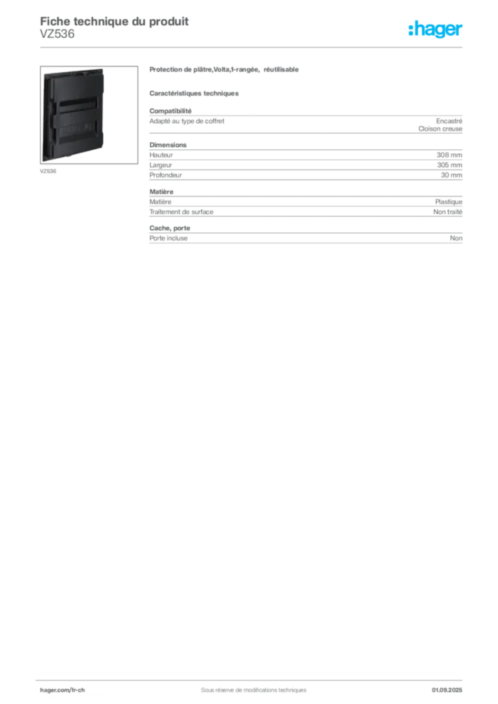 Image Hager Fiche technique du produit VZ536 | Hager Suisse