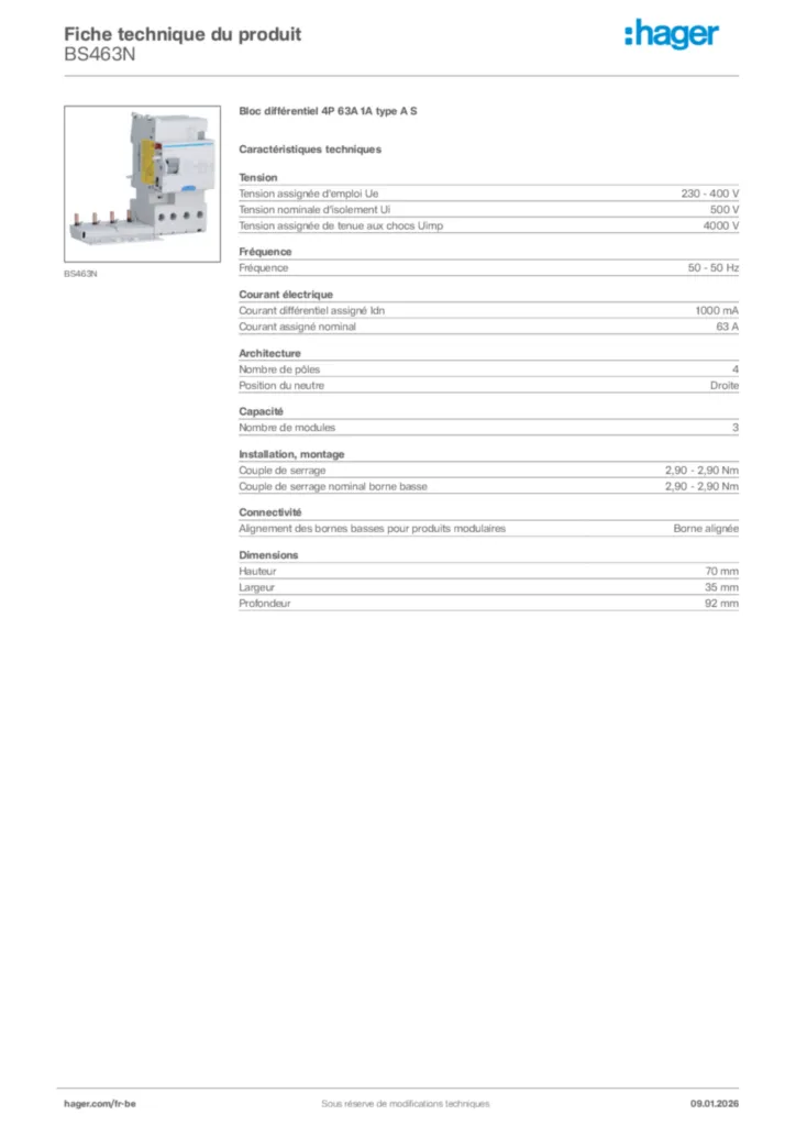 Image Hager Fiche technique du produit BS463N | Hager Belgique