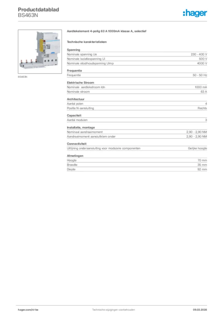 Afbeelding Hager Productdatablad BS463N | Hager Belgium