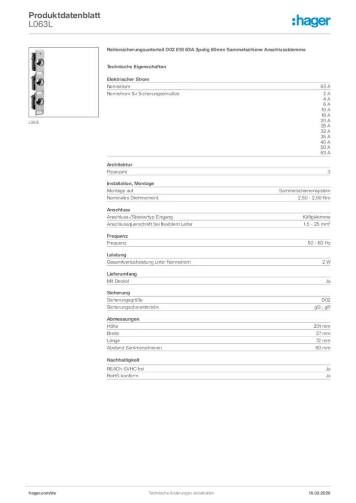 Bild Hager Produktdatenblatt L063L | Hager Deutschland