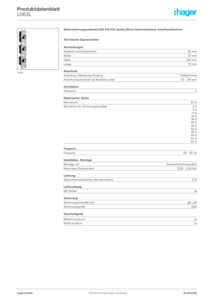 Bild Hager Produktdatenblatt L063L | Hager Deutschland