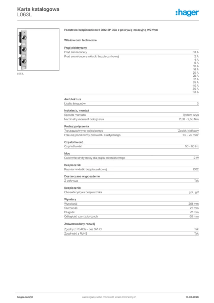 Zdjęcie Hager Karta katalogowa L063L | Hager Polska