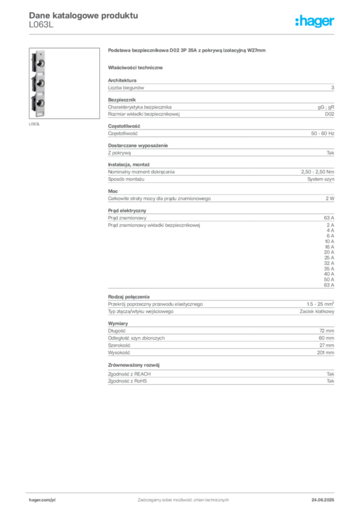 Zdjęcie Hager Karta katalogowa L063L | Hager Polska