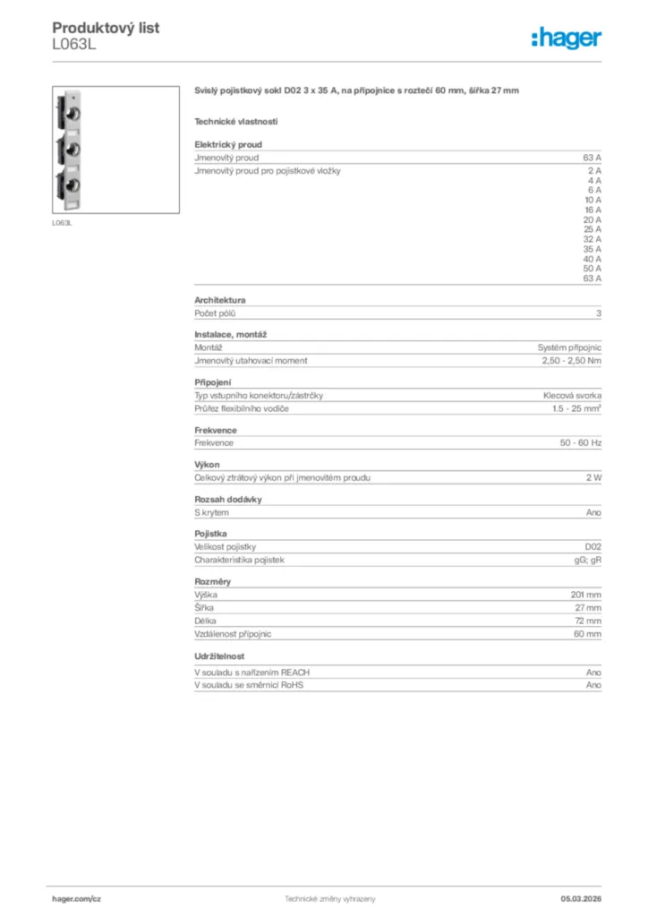 Obrázek Hager Product data sheet L063L | Hager