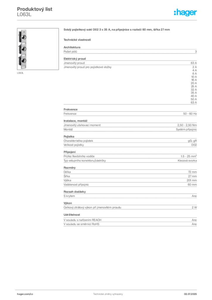 Obrázek Hager Produktový list L063L | Hager