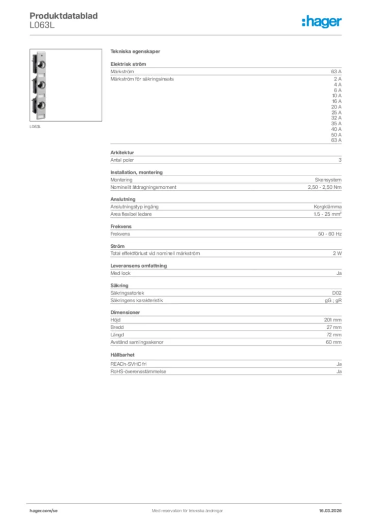 Bild Hager Produktdatablad L063L | Hager Sverige