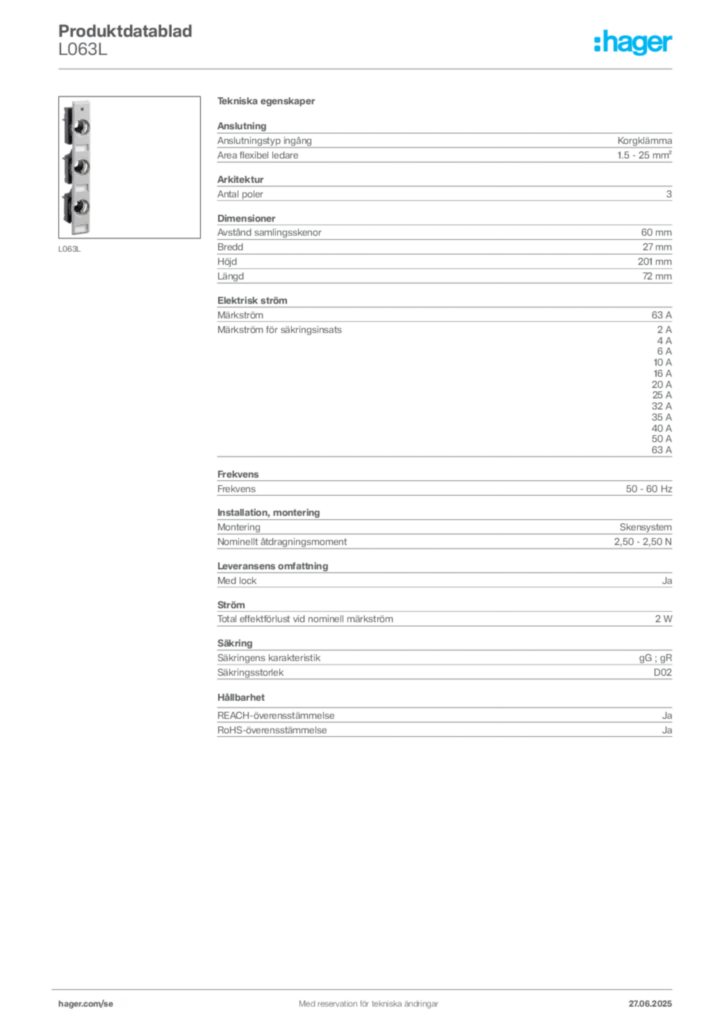 Bild Hager Produktdatablad L063L | Hager Sverige
