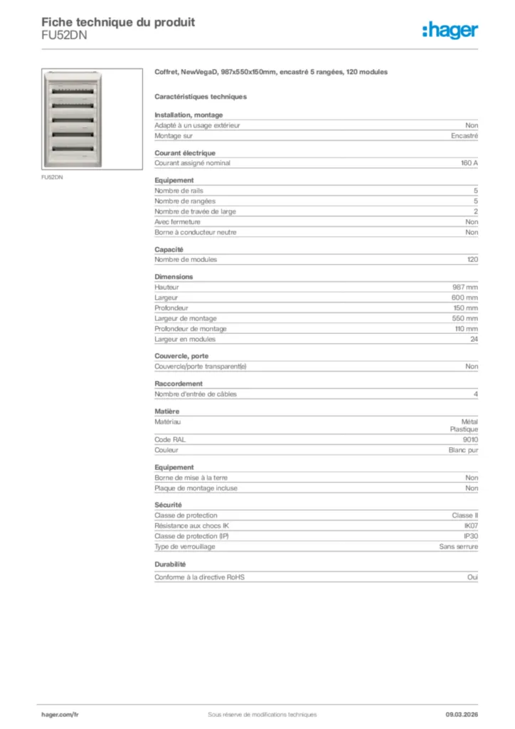 Image Hager Fiche technique du produit FU52DN | Hager France