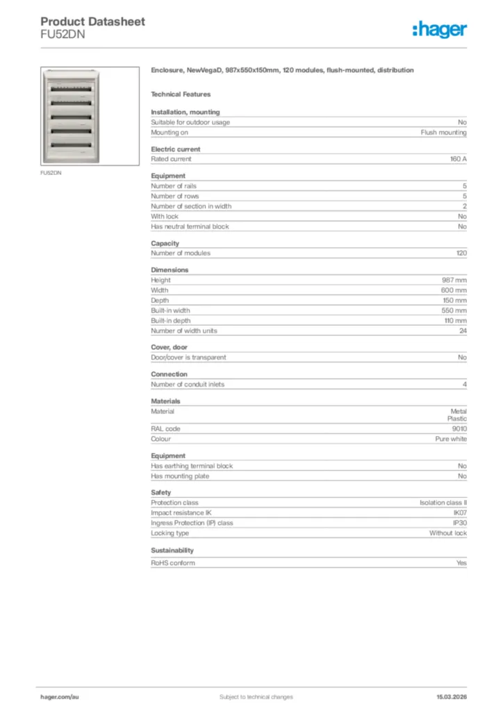 Image Hager Product data sheet FU52DN  | Hager Australia