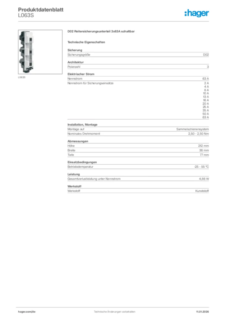 Bild Hager Produktdatenblatt L063S | Hager Deutschland