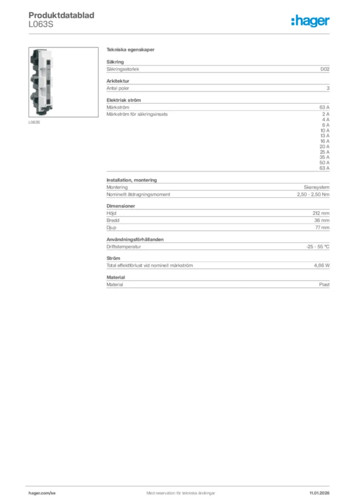 Bild Hager Produktdatablad L063S | Hager Sverige