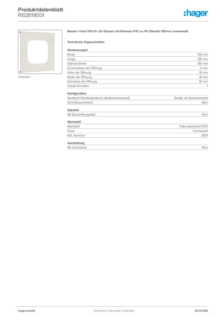 Bild Hager Produktdatenblatt R82819001 | Hager Deutschland