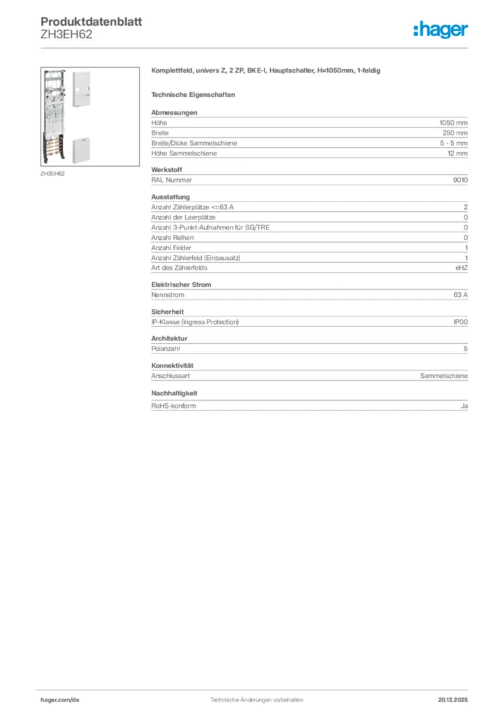 Bild Hager Produktdatenblatt ZH3EH62 | Hager Deutschland