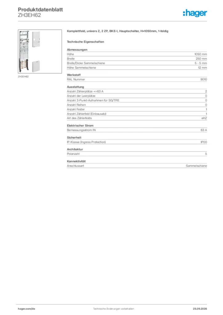 Bild Hager Produktdatenblatt ZH3EH62 | Hager Deutschland