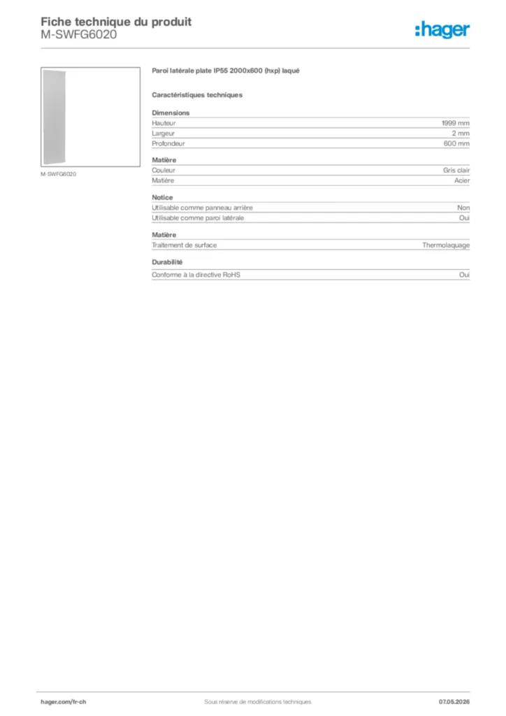 Image Hager Fiche technique du produit M-SWFG6020 | Hager Suisse
