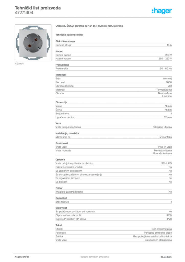 Slika Hager Product data sheet 47271404  | Hager