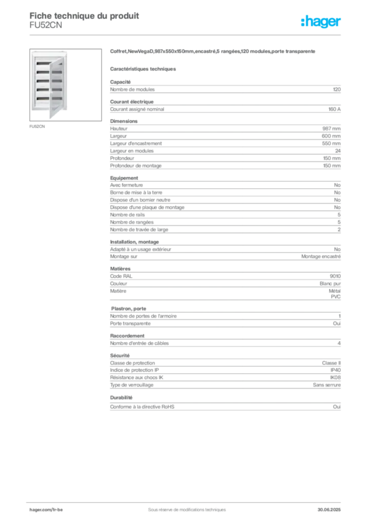 Image Hager Fiche technique du produit FU52CN | Hager Belgique