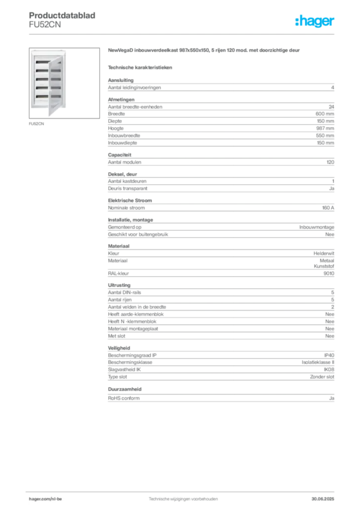Afbeelding Hager Productdatablad FU52CN | Hager Belgium