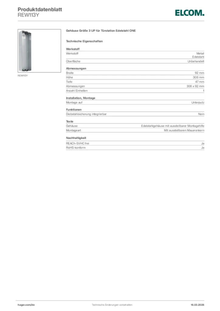 Bild Elcom Produktdatenblatt REW113Y | Hager Deutschland