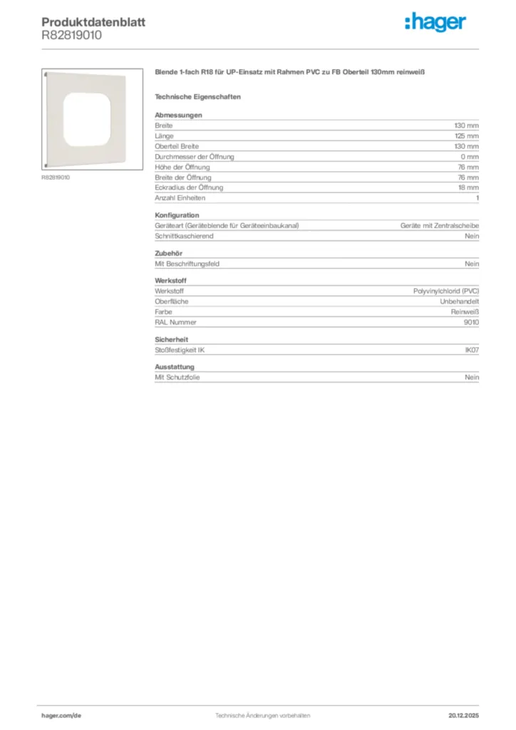 Bild Hager Produktdatenblatt R82819010 | Hager Deutschland