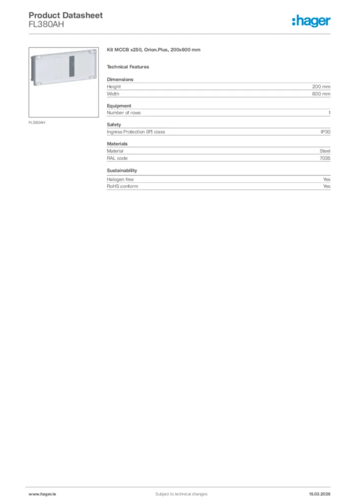 Image Hager Product data sheet FL380AH  | Hager