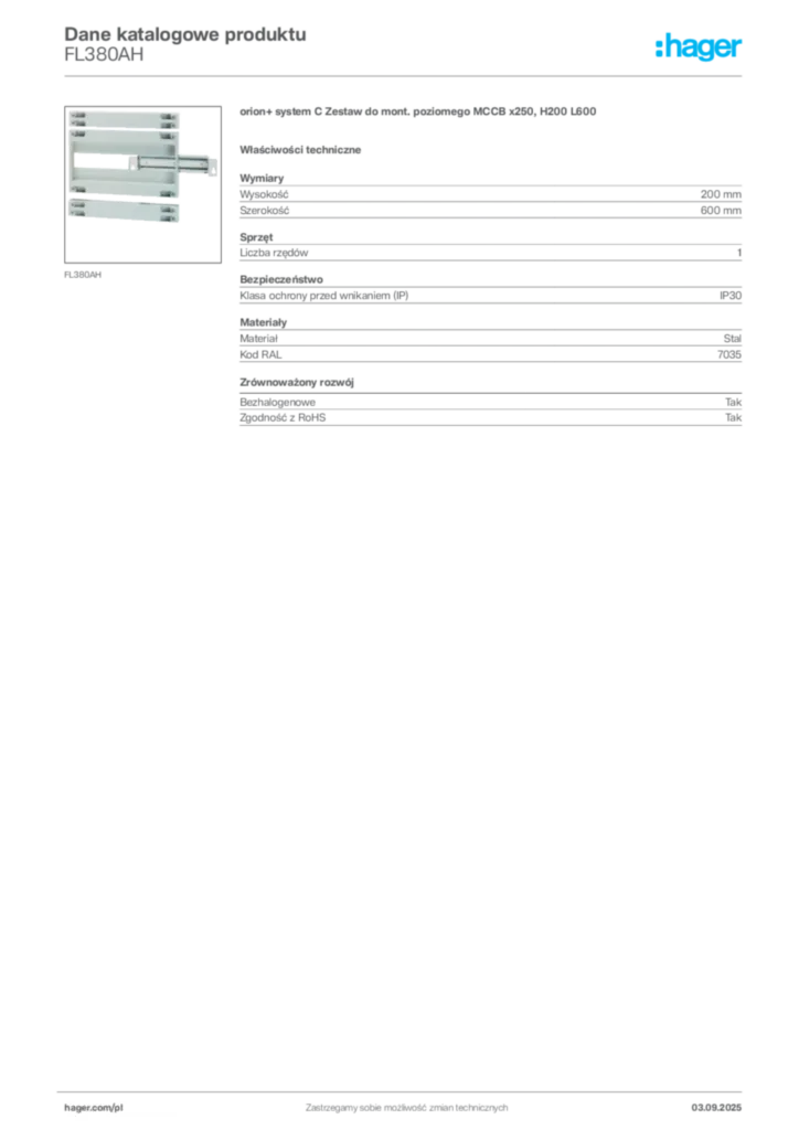 Zdjęcie Hager Karta katalogowa FL380AH | Hager Polska