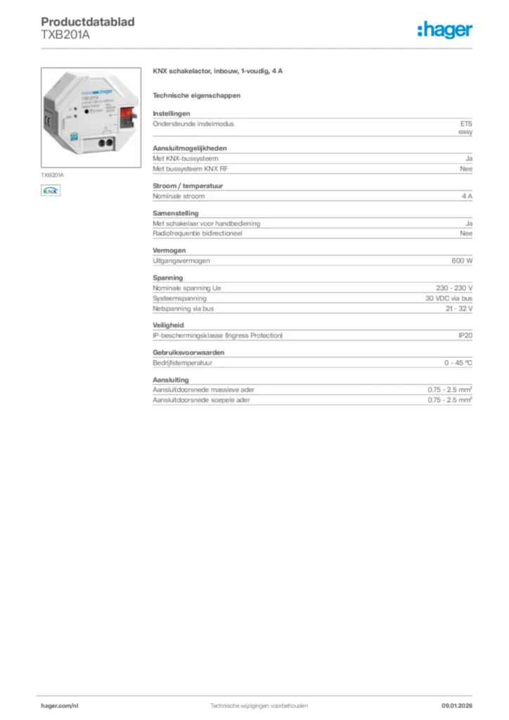 Afbeelding Hager Productdatablad TXB201A | Hager Nederland