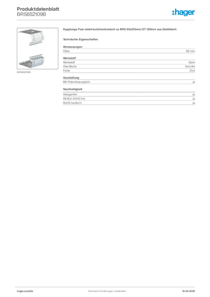 Bild Hager Produktdatenblatt BRS652109B | Hager Deutschland