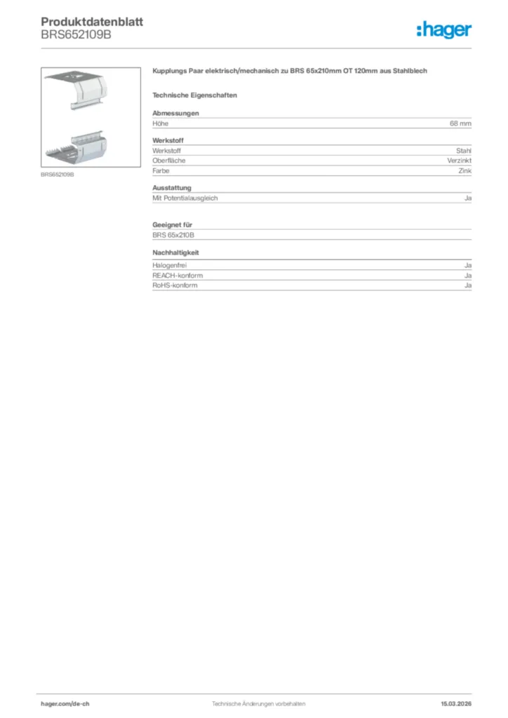 Bild Hager Produktdatenblatt BRS652109B | Hager Schweiz