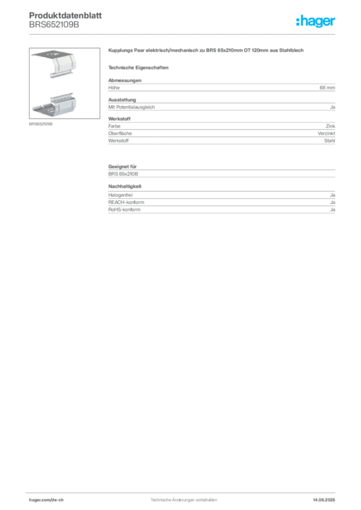 Bild Hager Produktdatenblatt BRS652109B | Hager Schweiz
