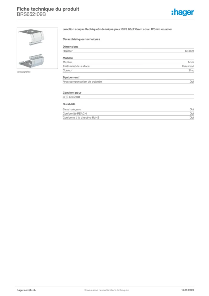 Image Hager Fiche technique du produit BRS652109B | Hager Suisse