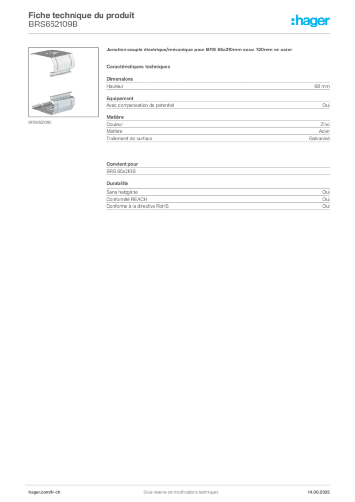 Image Hager Fiche technique du produit BRS652109B | Hager Suisse