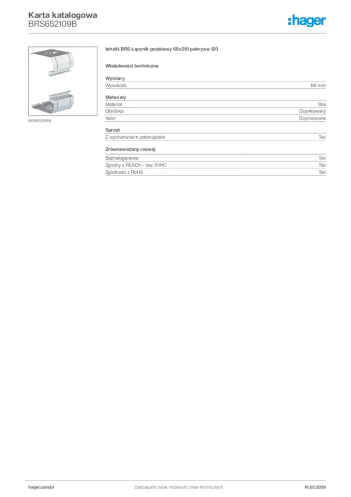 Zdjęcie Hager Karta katalogowa BRS652109B | Hager Polska