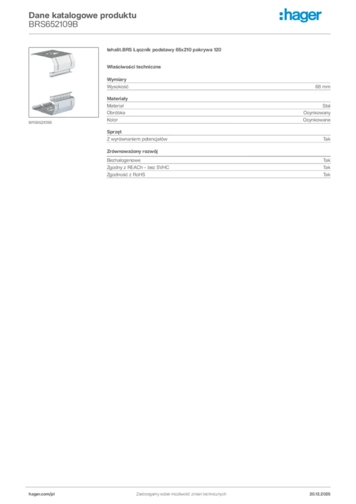 Zdjęcie Hager Karta katalogowa BRS652109B | Hager Polska