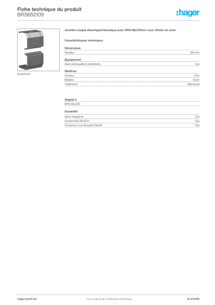 Image Hager Fiche technique du produit BRS652109 | Hager Belgique